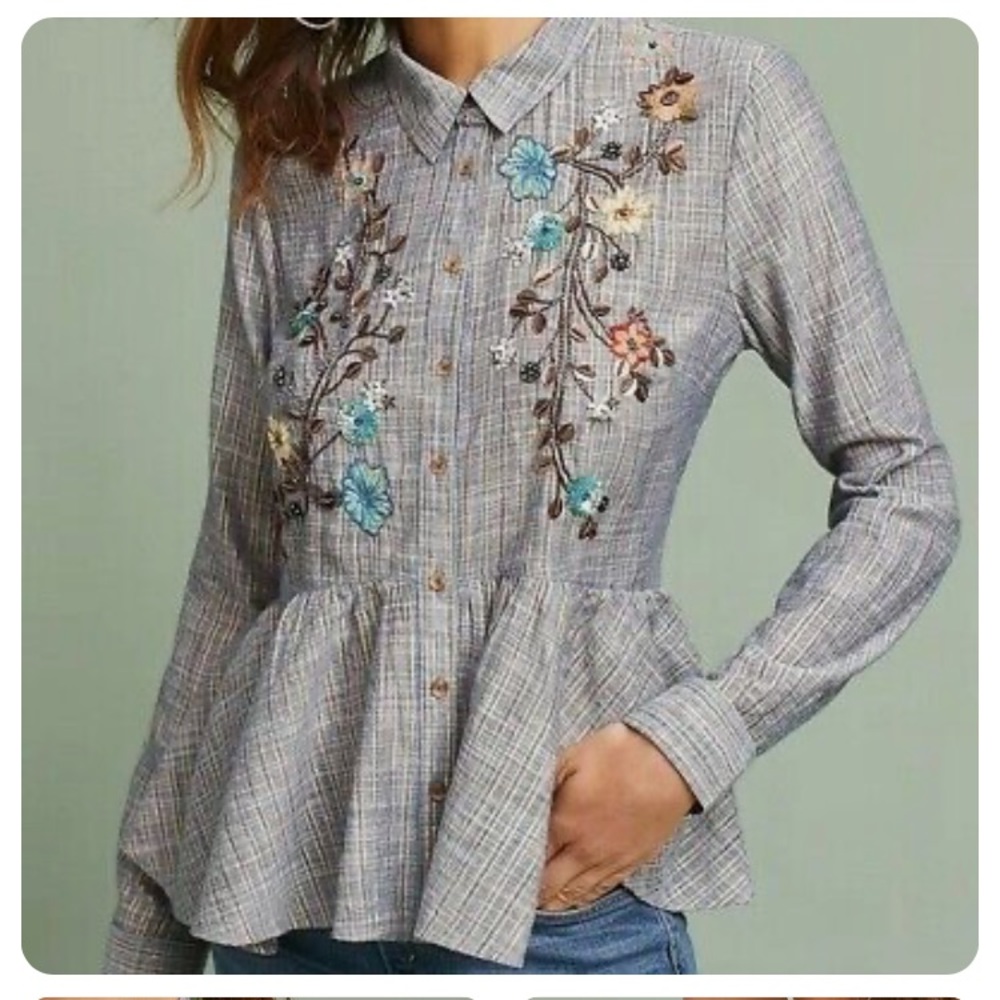 Anthropologie HD in Paris Ella Peplum Blouse Button Shirt Long Sleeve XS